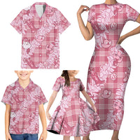 Pink Palaka Hawaii Cowboy Christmas Family Matching Short Sleeve Bodycon Dress and Hawaiian Shirt Paniolo Mix Maile Lei - Polynesian Pride