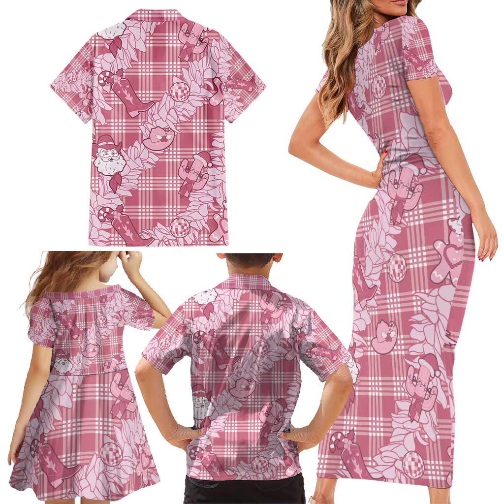 Pink Palaka Hawaii Cowboy Christmas Family Matching Short Sleeve Bodycon Dress and Hawaiian Shirt Paniolo Mix Maile Lei - Polynesian Pride
