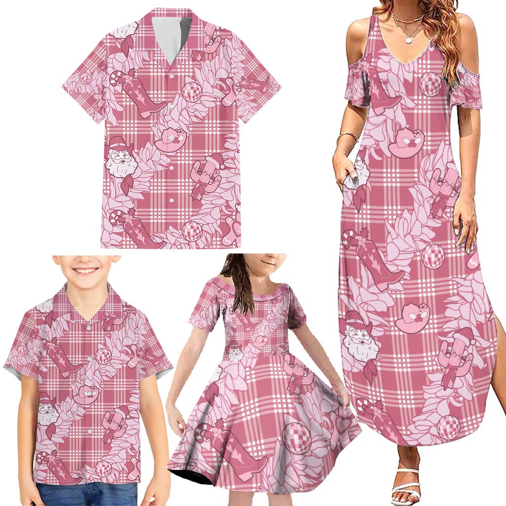 Pink Palaka Hawaii Cowboy Christmas Family Matching Summer Maxi Dress and Hawaiian Shirt Paniolo Mix Maile Lei - Polynesian Pride