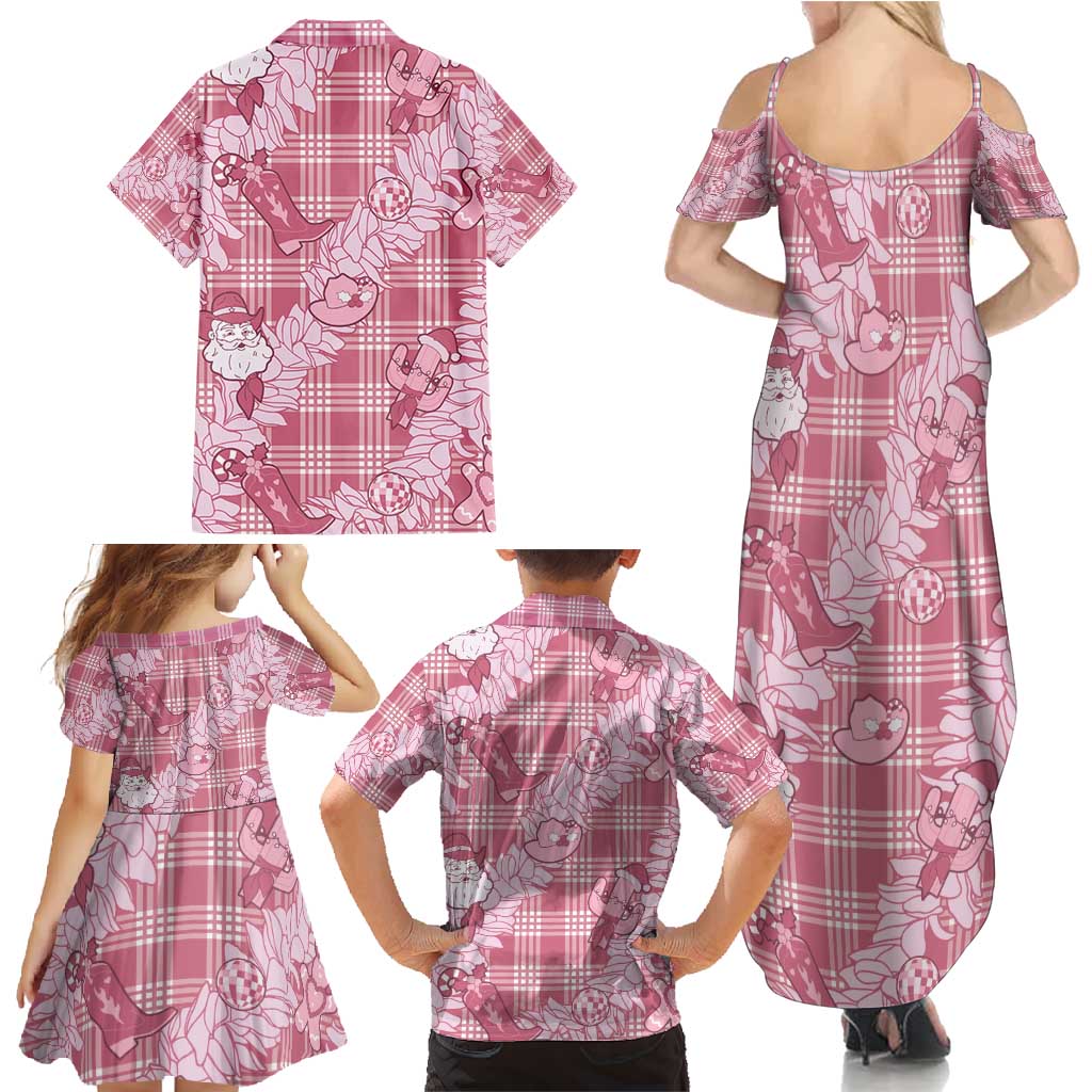 Pink Palaka Hawaii Cowboy Christmas Family Matching Summer Maxi Dress and Hawaiian Shirt Paniolo Mix Maile Lei - Polynesian Pride