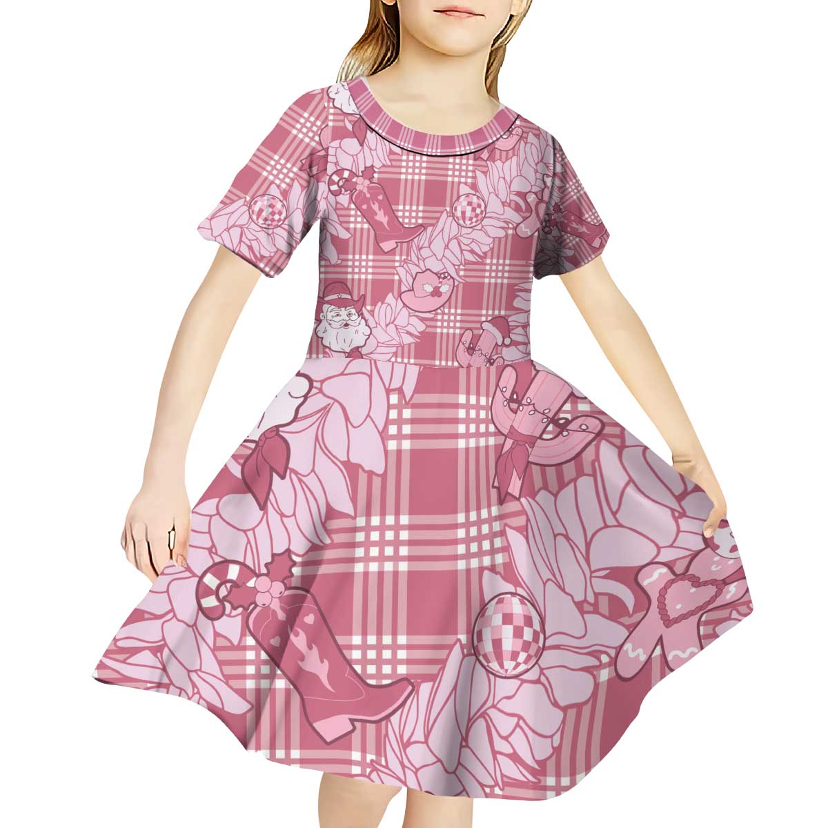 Pink Palaka Hawaii Cowboy Christmas Kid Short Sleeve Dress Paniolo Mix Maile Lei - Polynesian Pride