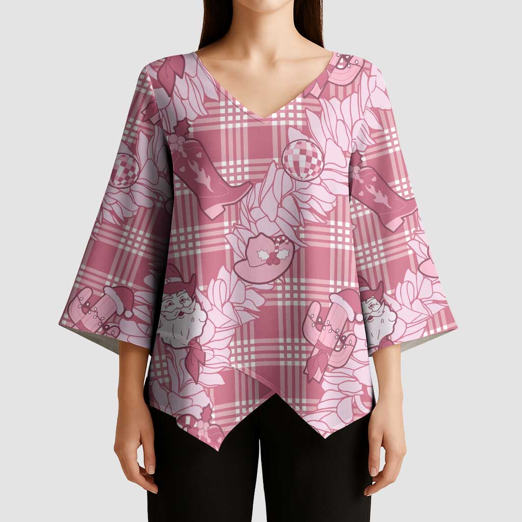 Pink Palaka Hawaii Cowboy Christmas Kimono Sleeve Blouse Paniolo Mix Maile Lei - Polynesian Pride