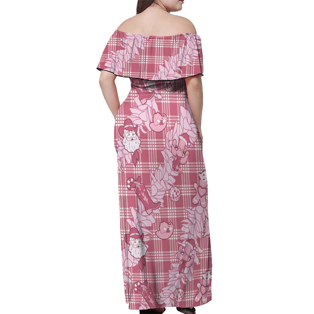 Pink Palaka Hawaii Cowboy Christmas Off Shoulder Maxi Dress Paniolo Mix Maile Lei - Polynesian Pride