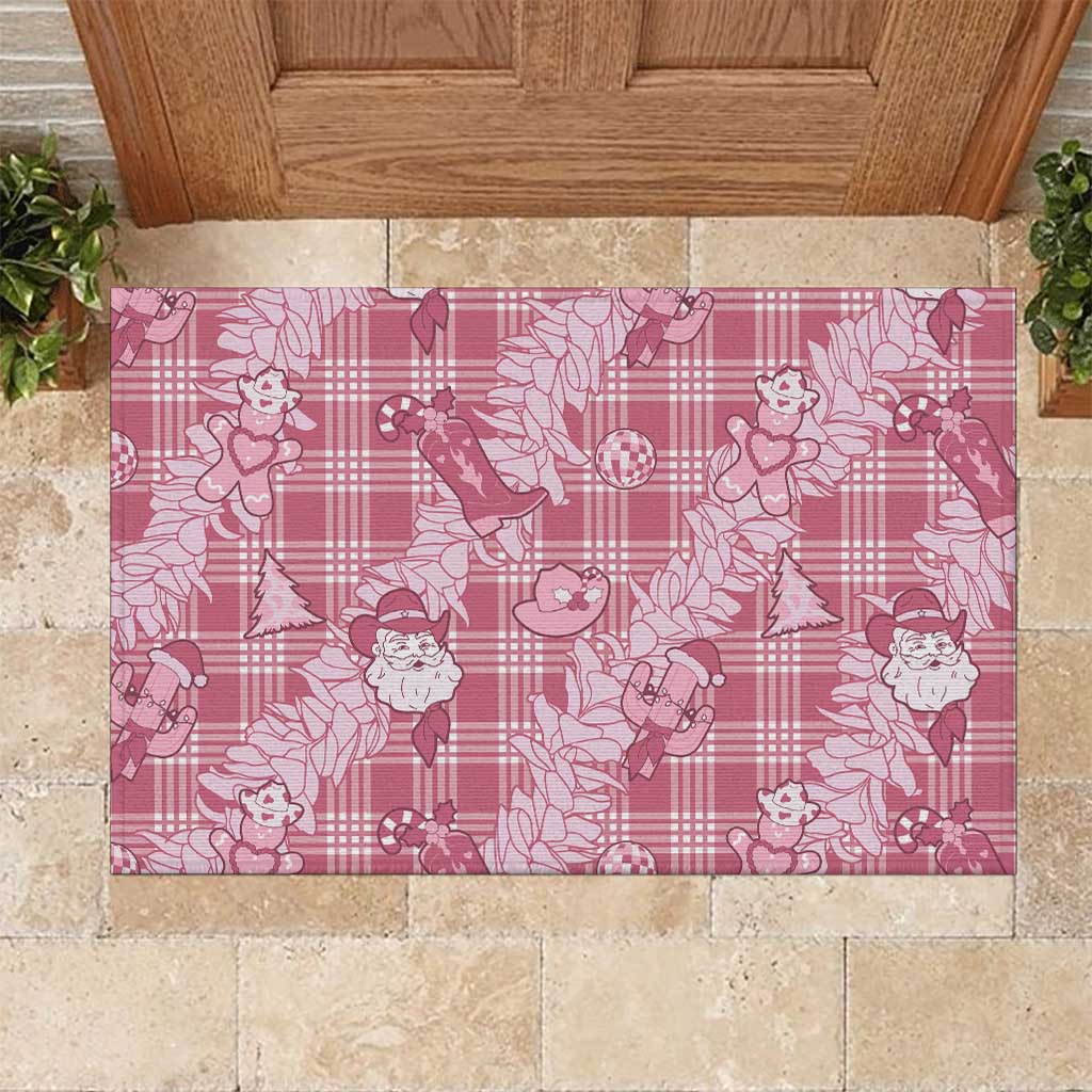 Pink Palaka Hawaii Cowboy Christmas Rubber Doormat Paniolo Mix Maile Lei - Polynesian Pride