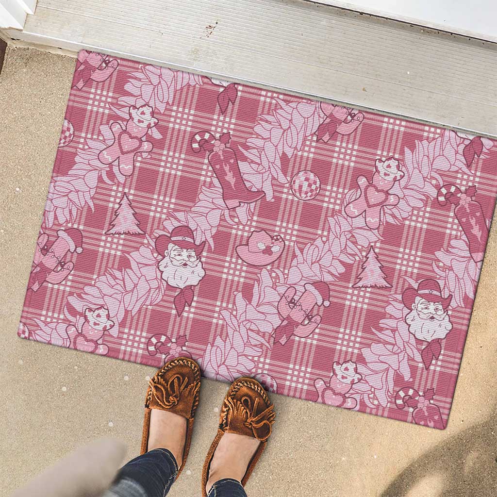 Pink Palaka Hawaii Cowboy Christmas Rubber Doormat Paniolo Mix Maile Lei - Polynesian Pride