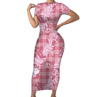 Pink Palaka Hawaii Cowboy Christmas Short Sleeve Bodycon Dress Paniolo Mix Maile Lei - Polynesian Pride