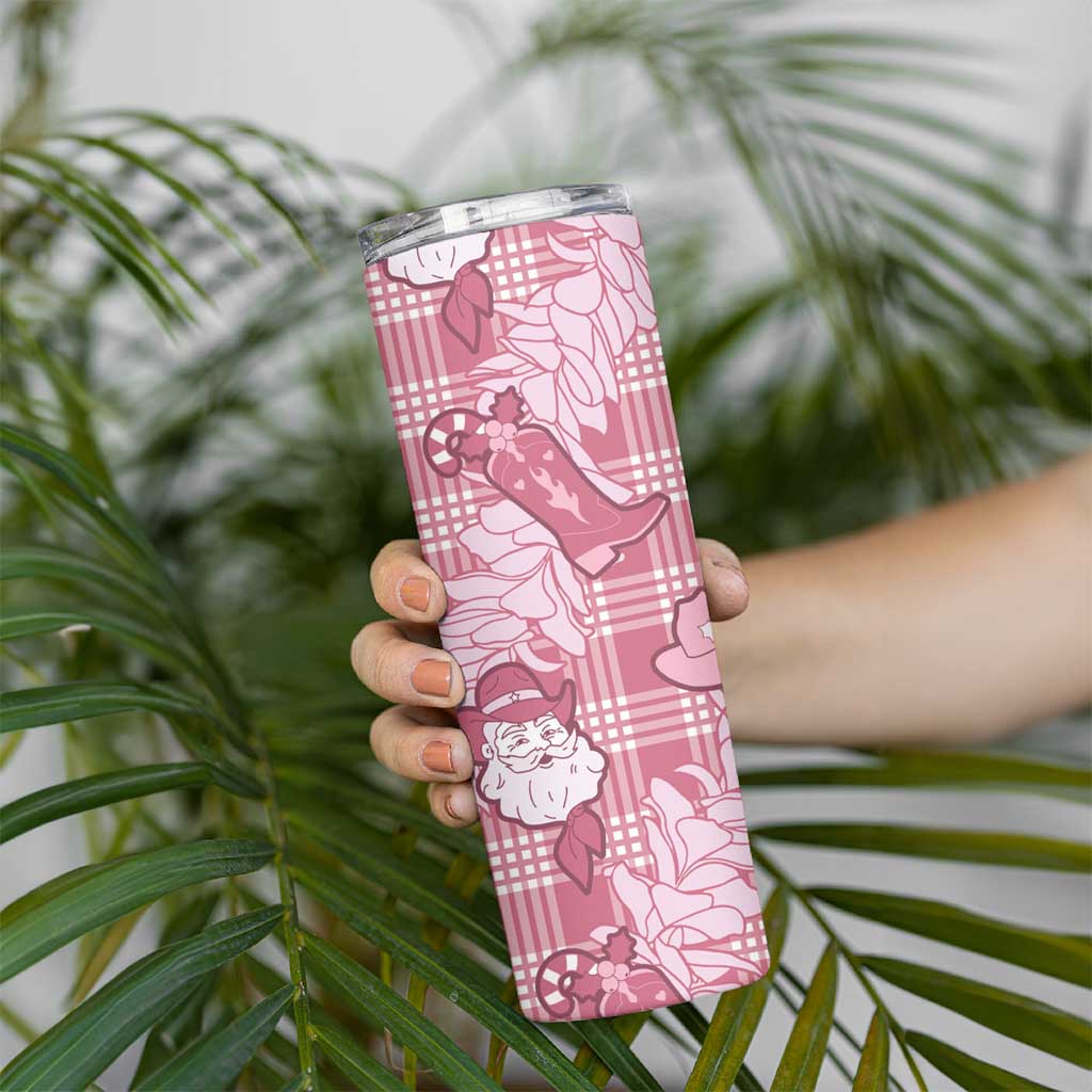 Pink Palaka Hawaii Cowboy Christmas Skinny Tumbler Paniolo Mix Maile Lei - Polynesian Pride