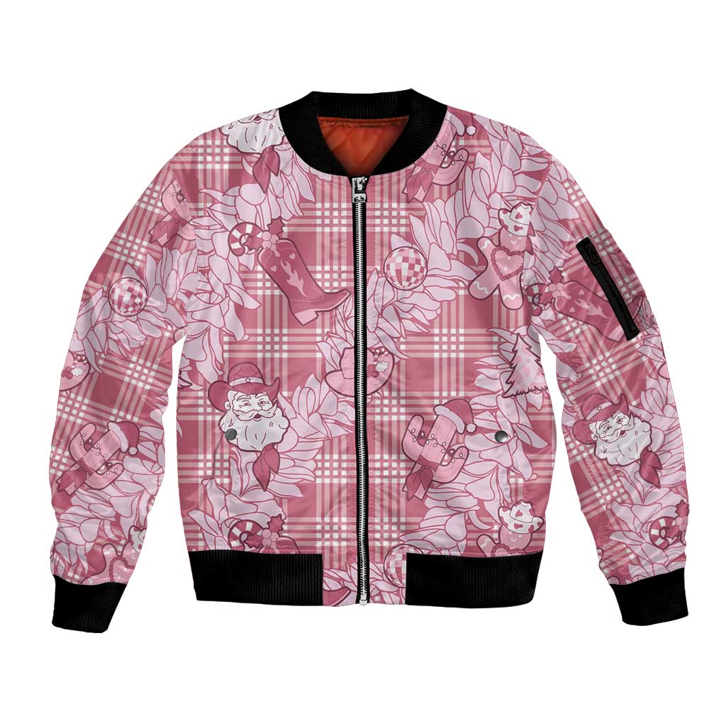 Pink Palaka Hawaii Cowboy Christmas Sleeve Zip Bomber Jacket Paniolo Mix Maile Lei - Polynesian Pride