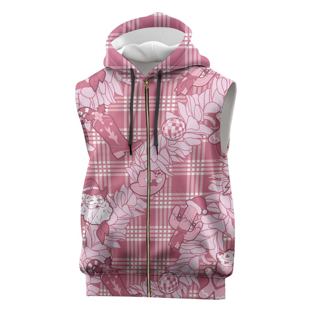 Pink Palaka Hawaii Cowboy Christmas Sleeveless Zip Hoodie Paniolo Mix Maile Lei - Polynesian Pride