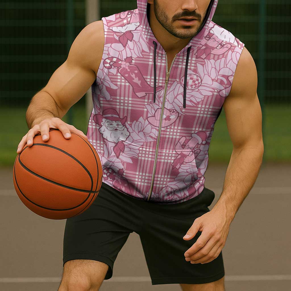 Pink Palaka Hawaii Cowboy Christmas Sleeveless Zip Hoodie Paniolo Mix Maile Lei - Polynesian Pride