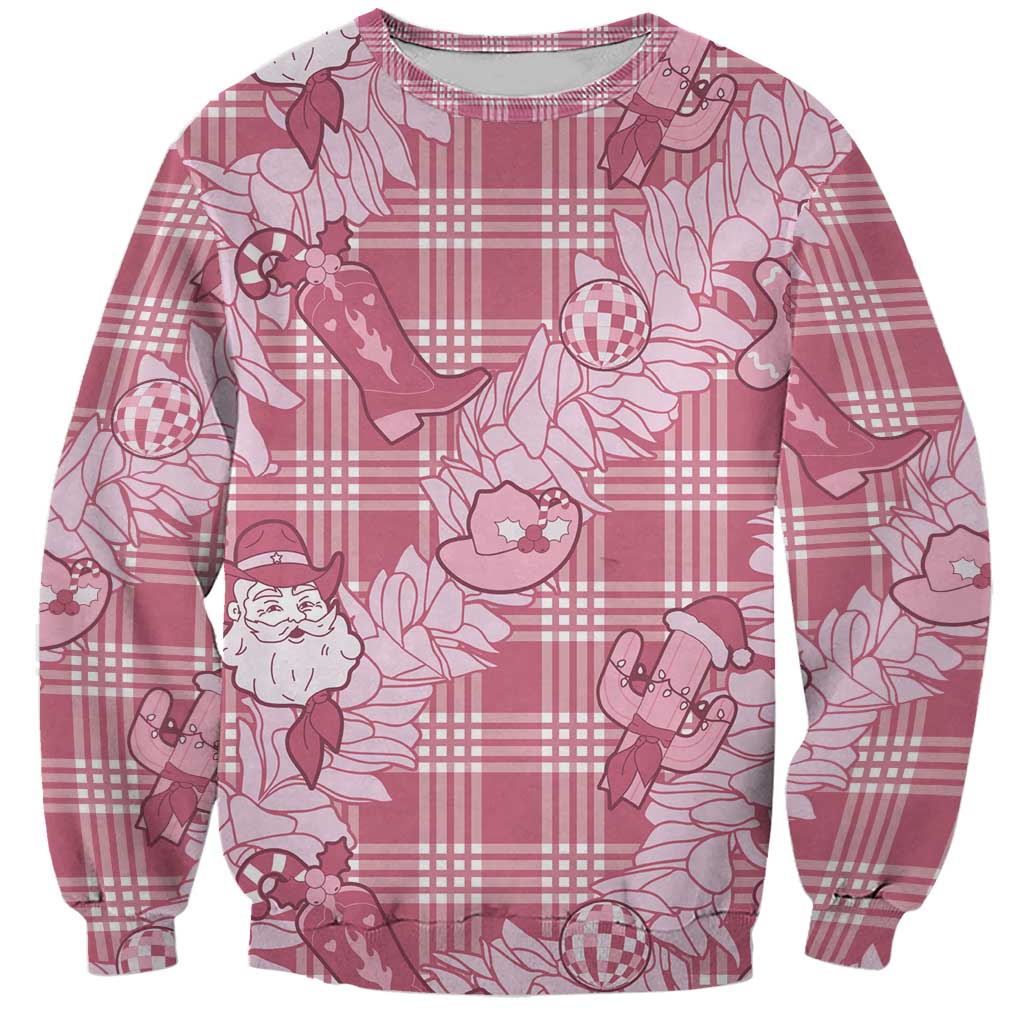 Pink Palaka Hawaii Cowboy Christmas Sweatshirt Paniolo Mix Maile Lei - Polynesian Pride