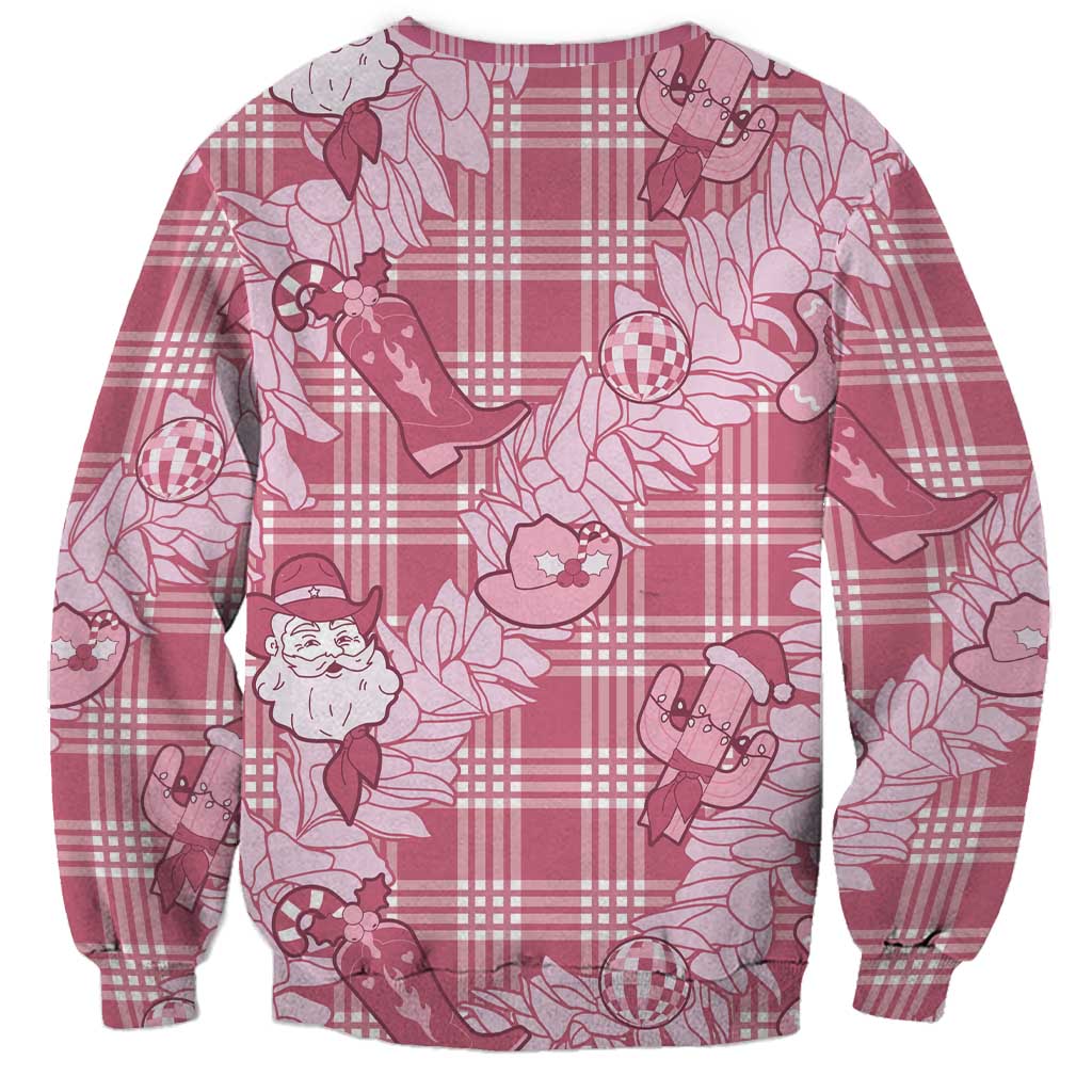 Pink Palaka Hawaii Cowboy Christmas Sweatshirt Paniolo Mix Maile Lei - Polynesian Pride