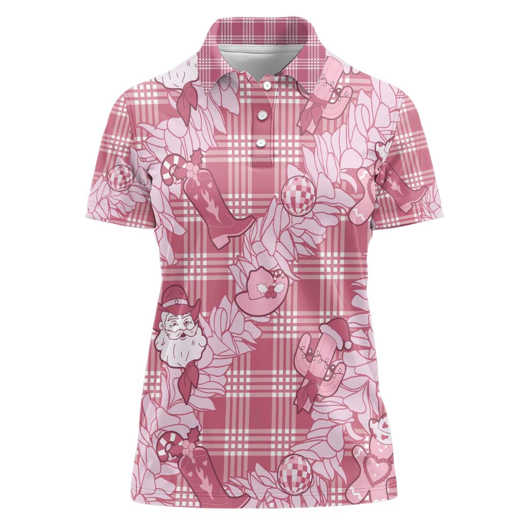 Pink Palaka Hawaii Cowboy Christmas Women Polo Shirt Paniolo Mix Maile Lei - Polynesian Pride