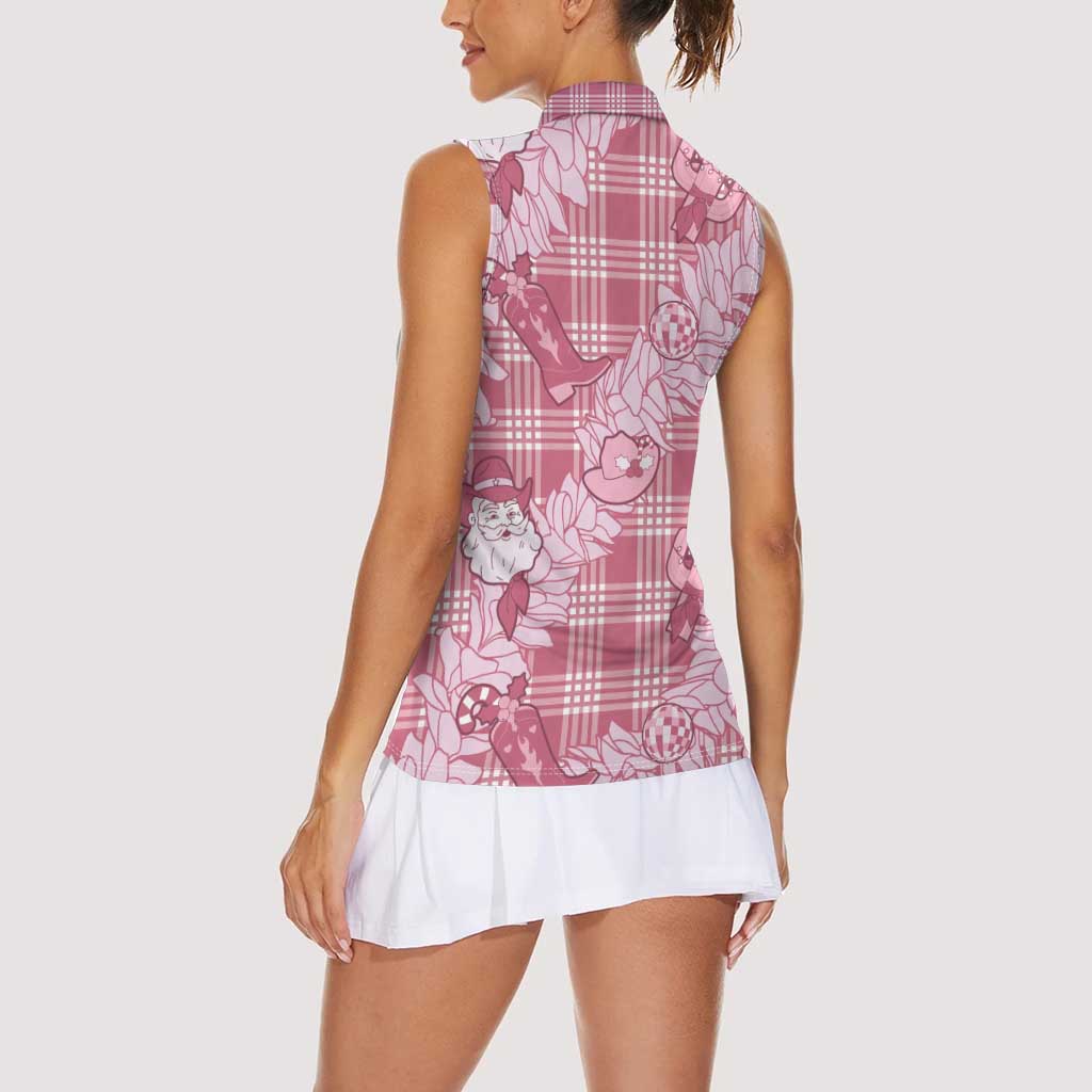 Pink Palaka Hawaii Cowboy Christmas Women Sleeveless Polo Shirt Paniolo Mix Maile Lei - Polynesian Pride