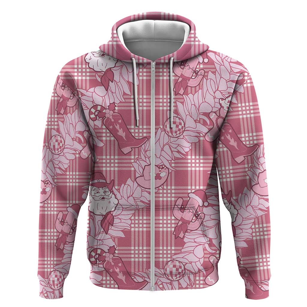 Pink Palaka Hawaii Cowboy Christmas Zip Hoodie Paniolo Mix Maile Lei - Polynesian Pride