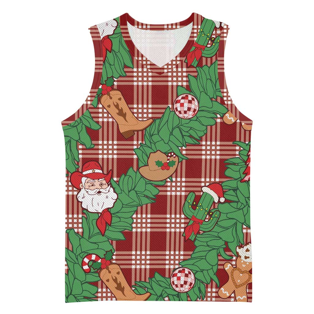 Red Palaka Hawaii Cowboy Christmas Basketball Jersey Paniolo Mix Maile Lei - Polynesian Pride
