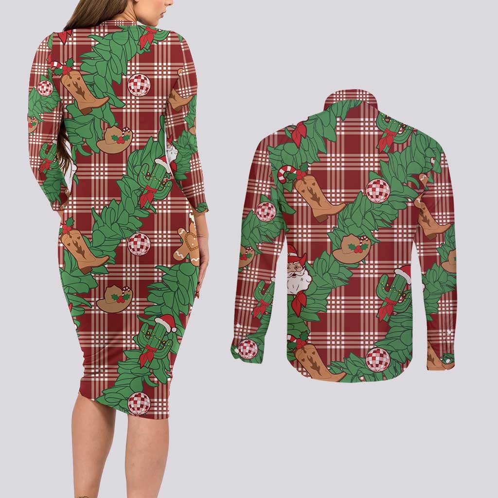 Red Palaka Hawaii Cowboy Christmas Couples Matching Long Sleeve Bodycon Dress and Long Sleeve Button Shirt Paniolo Mix Maile Lei - Polynesian Pride