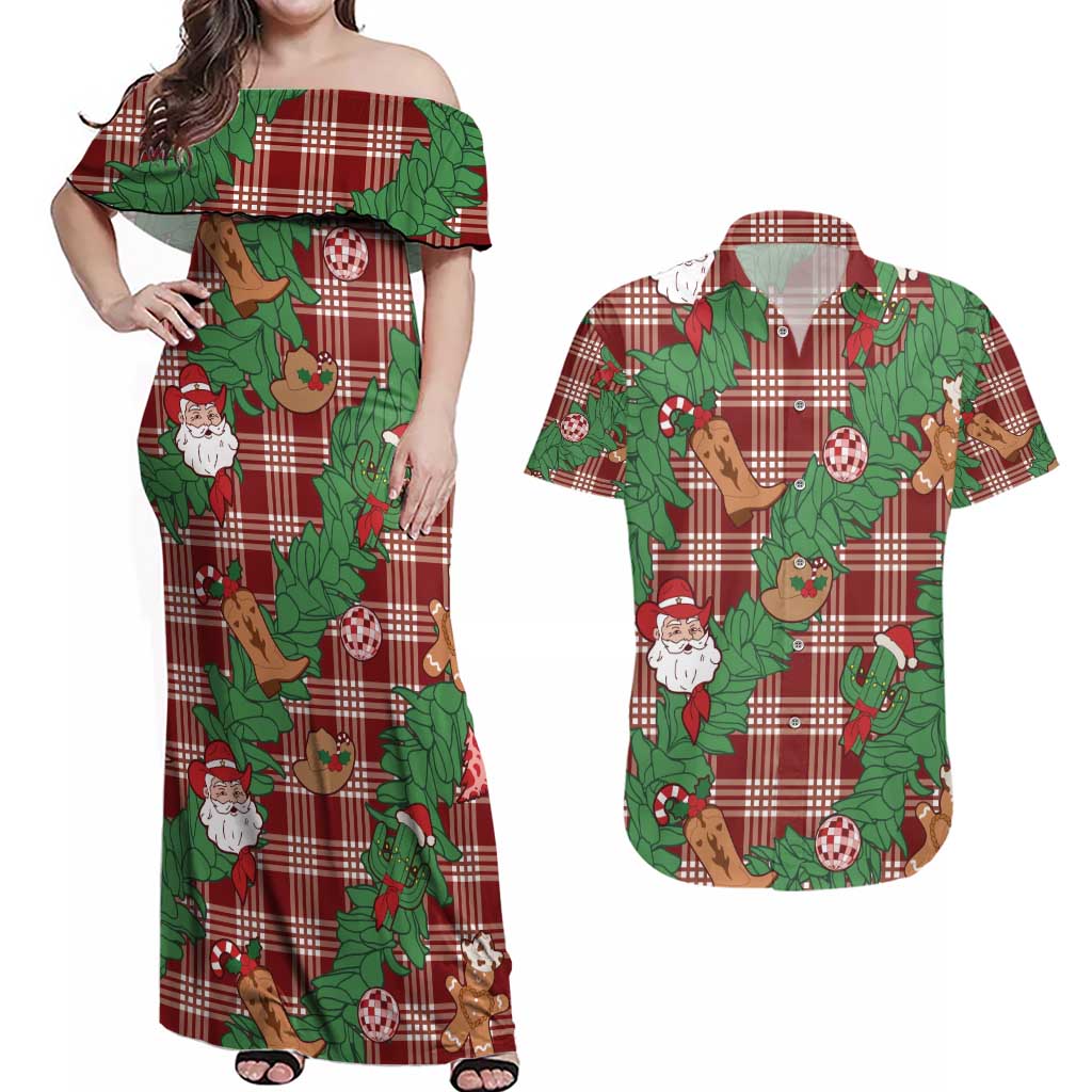 Red Palaka Hawaii Cowboy Christmas Couples Matching Off Shoulder Maxi Dress and Hawaiian Shirt Paniolo Mix Maile Lei - Polynesian Pride