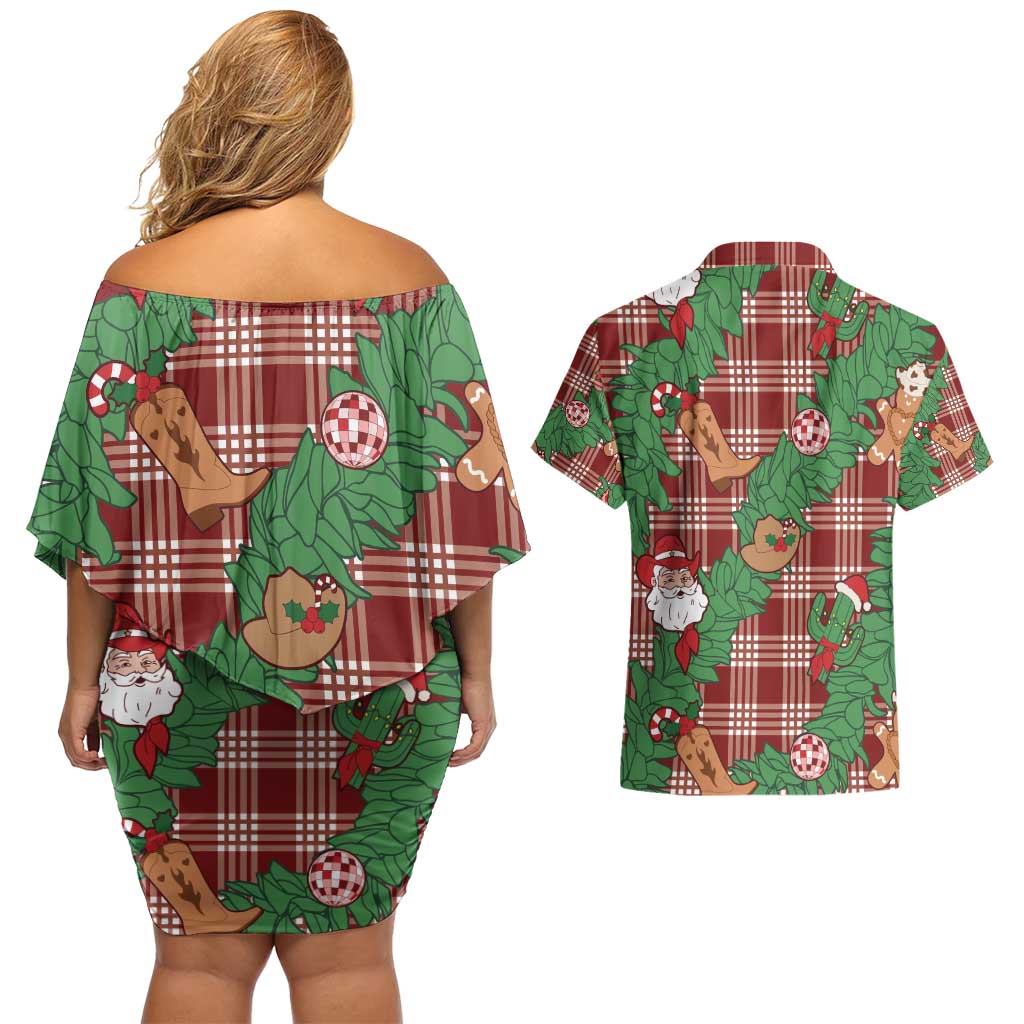 Red Palaka Hawaii Cowboy Christmas Couples Matching Off Shoulder Short Dress and Hawaiian Shirt Paniolo Mix Maile Lei - Polynesian Pride