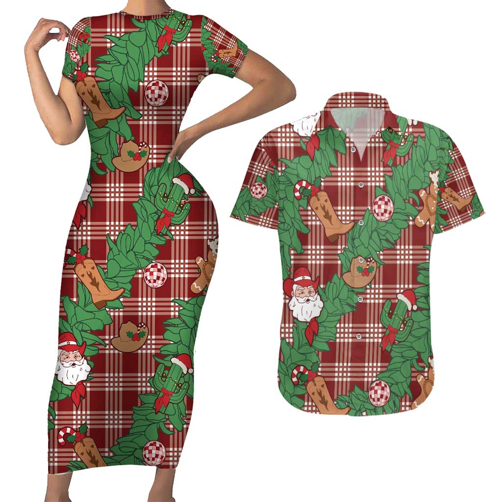 Red Palaka Hawaii Cowboy Christmas Couples Matching Short Sleeve Bodycon Dress and Hawaiian Shirt Paniolo Mix Maile Lei - Polynesian Pride