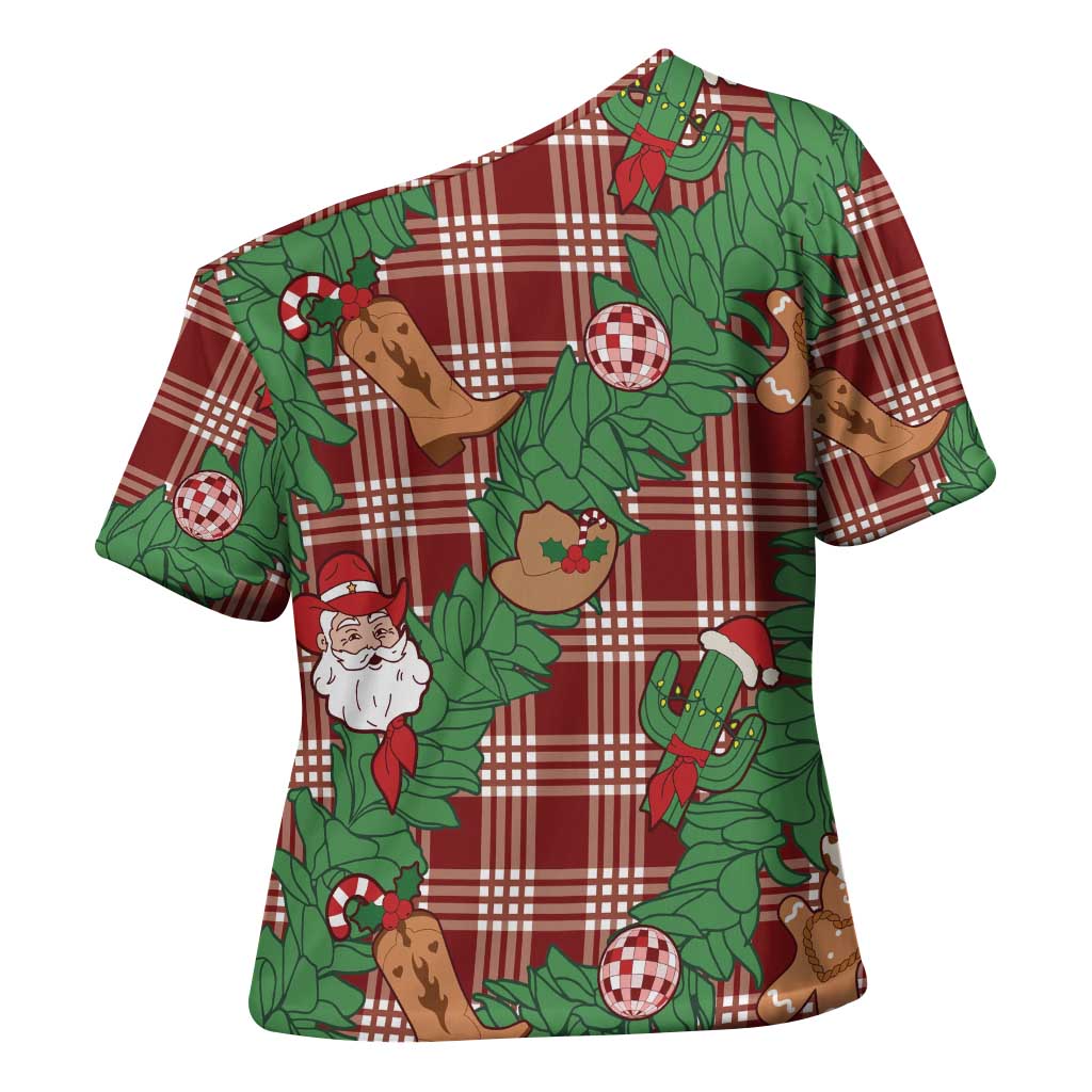 Red Palaka Hawaii Cowboy Christmas Cross Shoulder Shirt Paniolo Mix Maile Lei - Polynesian Pride