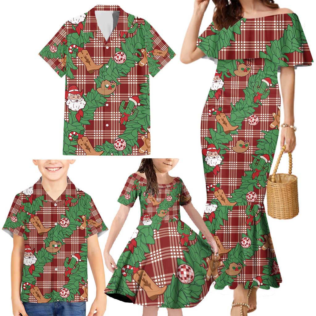 Red Palaka Hawaii Cowboy Christmas Family Matching Mermaid Dress and Hawaiian Shirt Paniolo Mix Maile Lei - Polynesian Pride