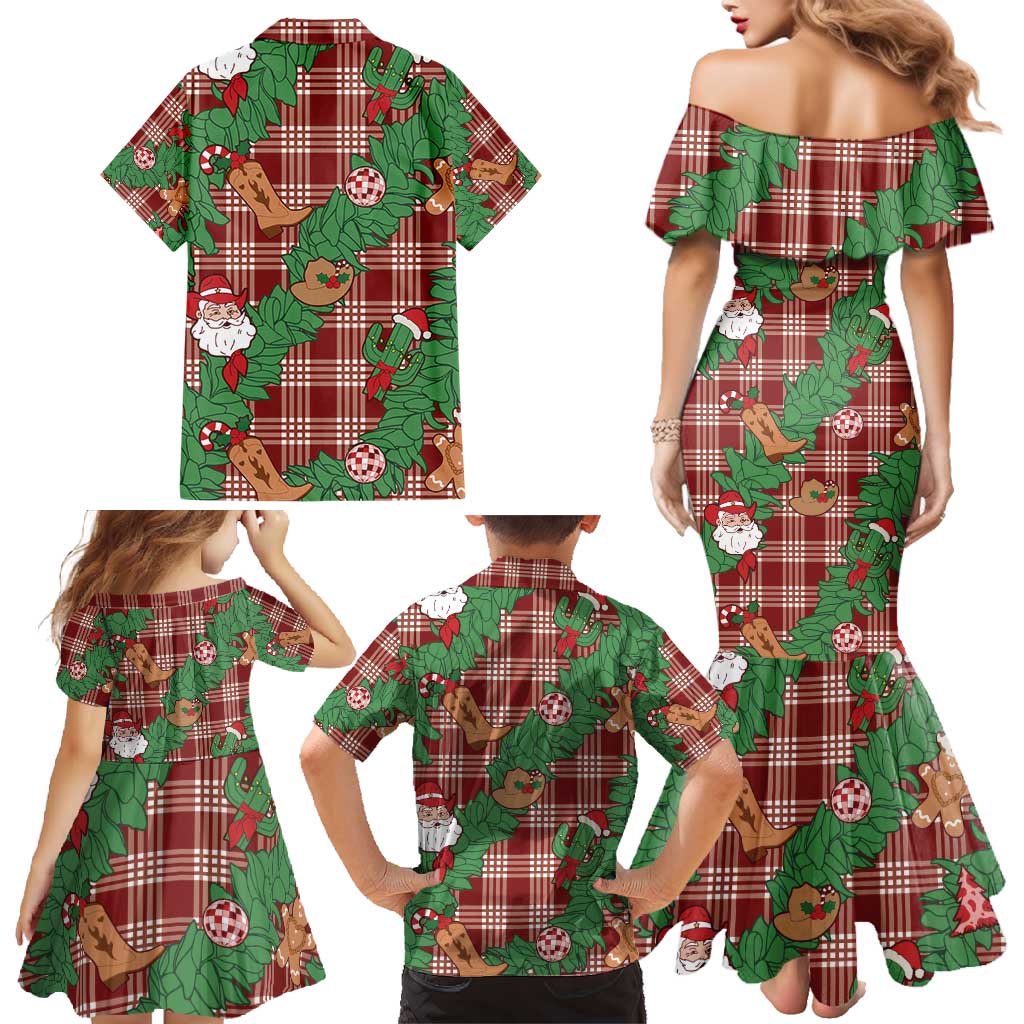 Red Palaka Hawaii Cowboy Christmas Family Matching Mermaid Dress and Hawaiian Shirt Paniolo Mix Maile Lei - Polynesian Pride