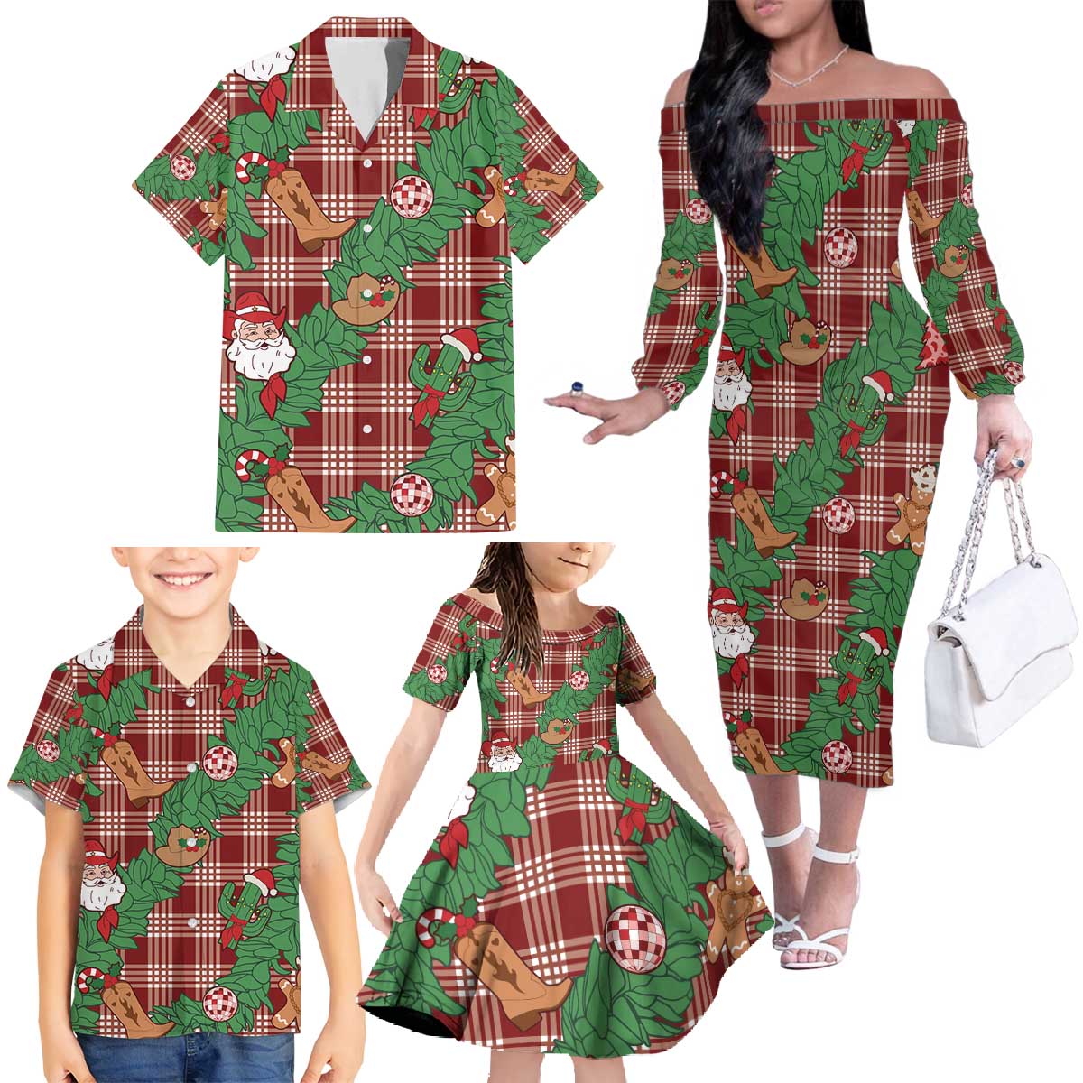 Red Palaka Hawaii Cowboy Christmas Family Matching Off The Shoulder Long Sleeve Dress and Hawaiian Shirt Paniolo Mix Maile Lei - Polynesian Pride