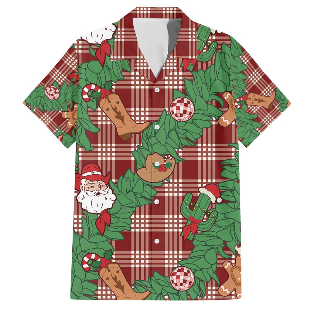 Red Palaka Hawaii Cowboy Christmas Family Matching Short Sleeve Bodycon Dress and Hawaiian Shirt Paniolo Mix Maile Lei - Polynesian Pride