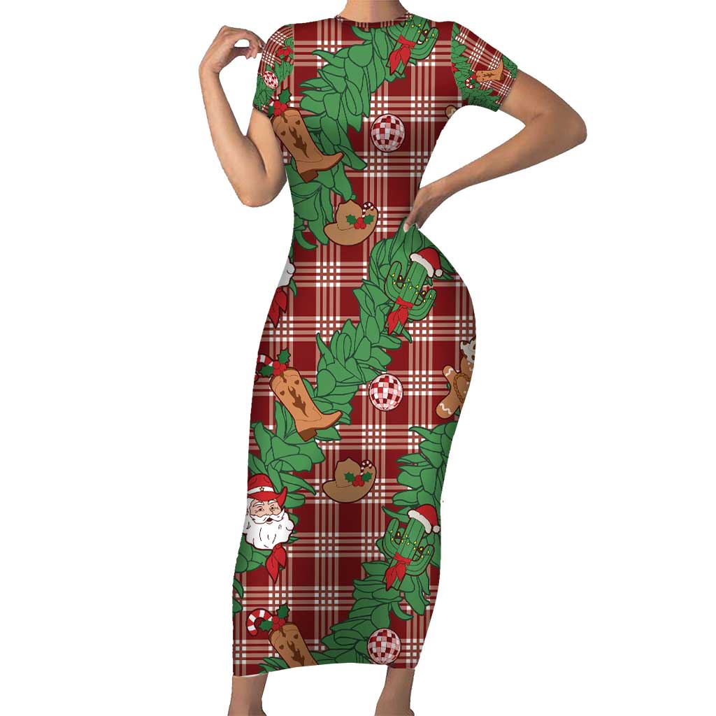 Red Palaka Hawaii Cowboy Christmas Family Matching Short Sleeve Bodycon Dress and Hawaiian Shirt Paniolo Mix Maile Lei - Polynesian Pride