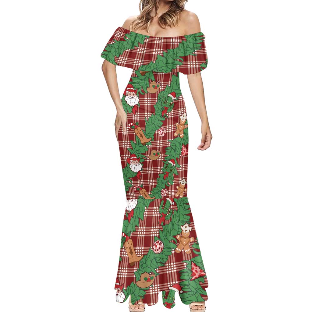 Red Palaka Hawaii Cowboy Christmas Mermaid Dress Paniolo Mix Maile Lei - Polynesian Pride