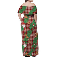 Red Palaka Hawaii Cowboy Christmas Off Shoulder Maxi Dress Paniolo Mix Maile Lei - Polynesian Pride