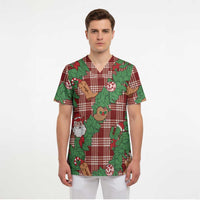 Red Palaka Hawaii Cowboy Christmas Scrub Top Paniolo Mix Maile Lei - Polynesian Pride