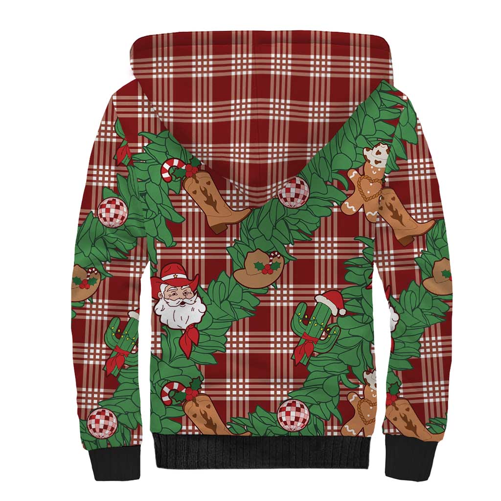 Red Palaka Hawaii Cowboy Christmas Sherpa Hoodie Paniolo Mix Maile Lei - Polynesian Pride