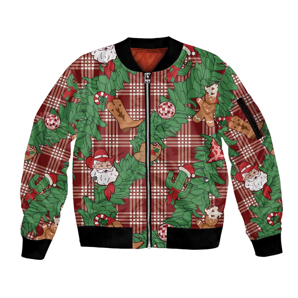 Red Palaka Hawaii Cowboy Christmas Sleeve Zip Bomber Jacket Paniolo Mix Maile Lei - Polynesian Pride