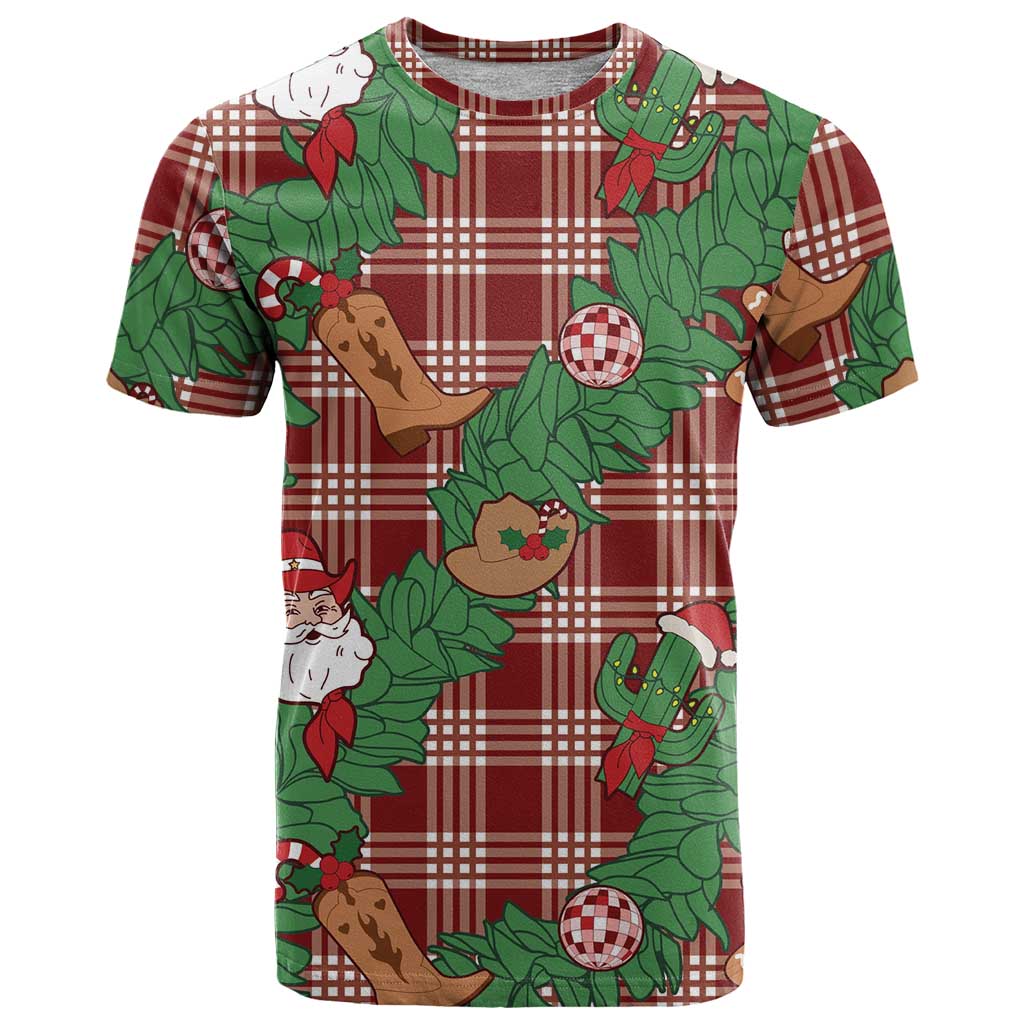 Red Palaka Hawaii Cowboy Christmas T Shirt Paniolo Mix Maile Lei - Polynesian Pride