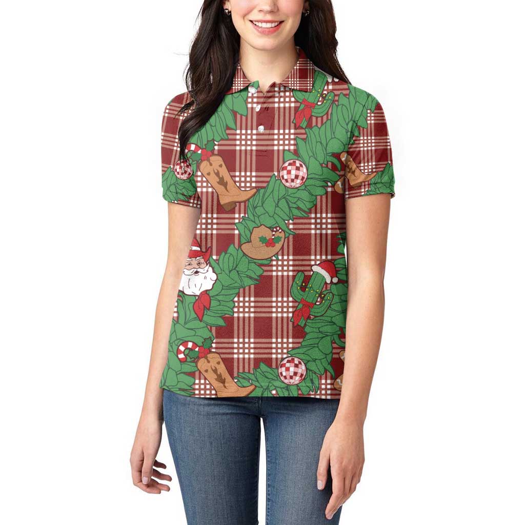 Red Palaka Hawaii Cowboy Christmas Women Polo Shirt Paniolo Mix Maile Lei - Polynesian Pride