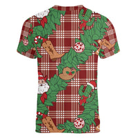 Red Palaka Hawaii Cowboy Christmas Women V-Neck T-Shirt Paniolo Mix Maile Lei - Polynesian Pride
