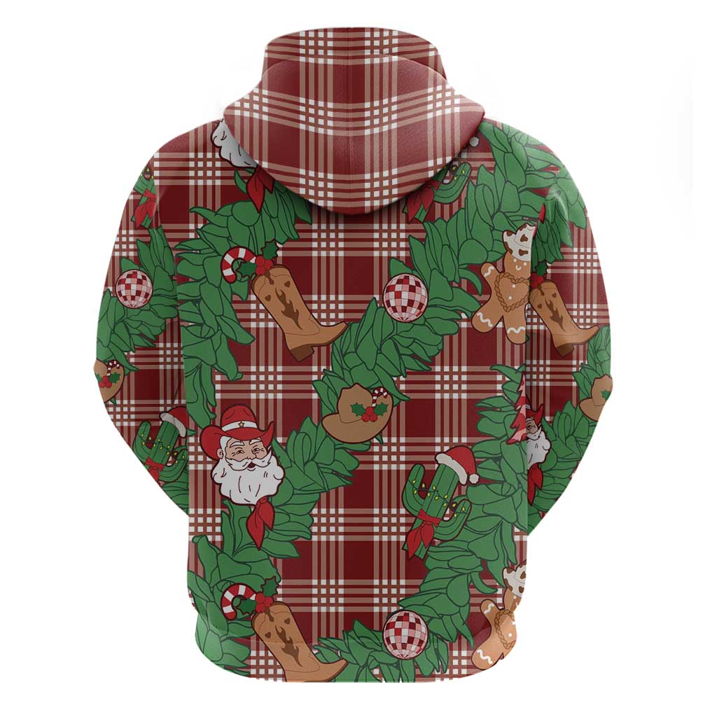 Red Palaka Hawaii Cowboy Christmas Zip Hoodie Paniolo Mix Maile Lei - Polynesian Pride