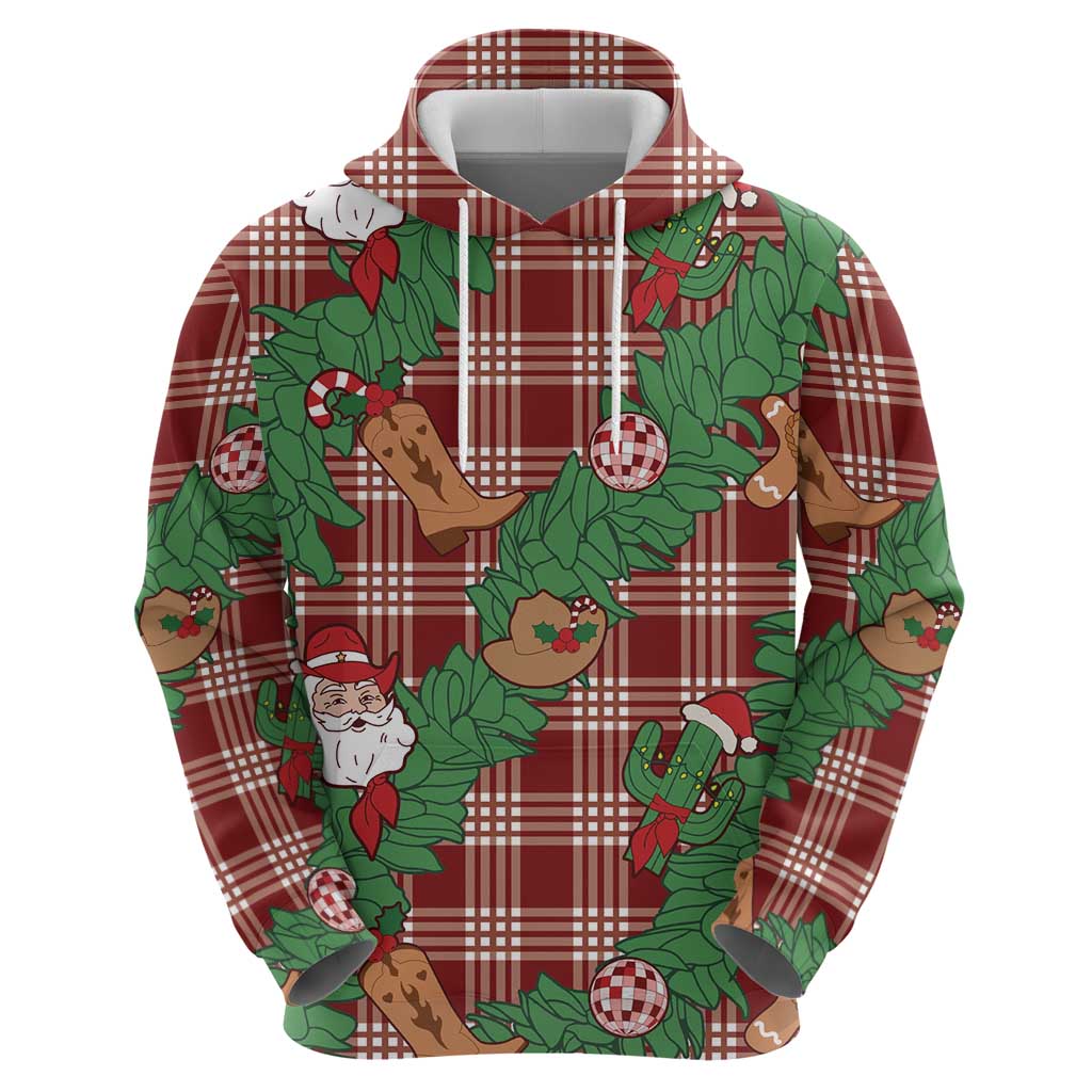 Red Palaka Hawaii Cowboy Christmas Zip Hoodie Paniolo Mix Maile Lei - Polynesian Pride