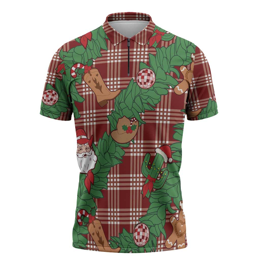 Red Palaka Hawaii Cowboy Christmas Zipper Polo Shirt Paniolo Mix Maile Lei - Polynesian Pride