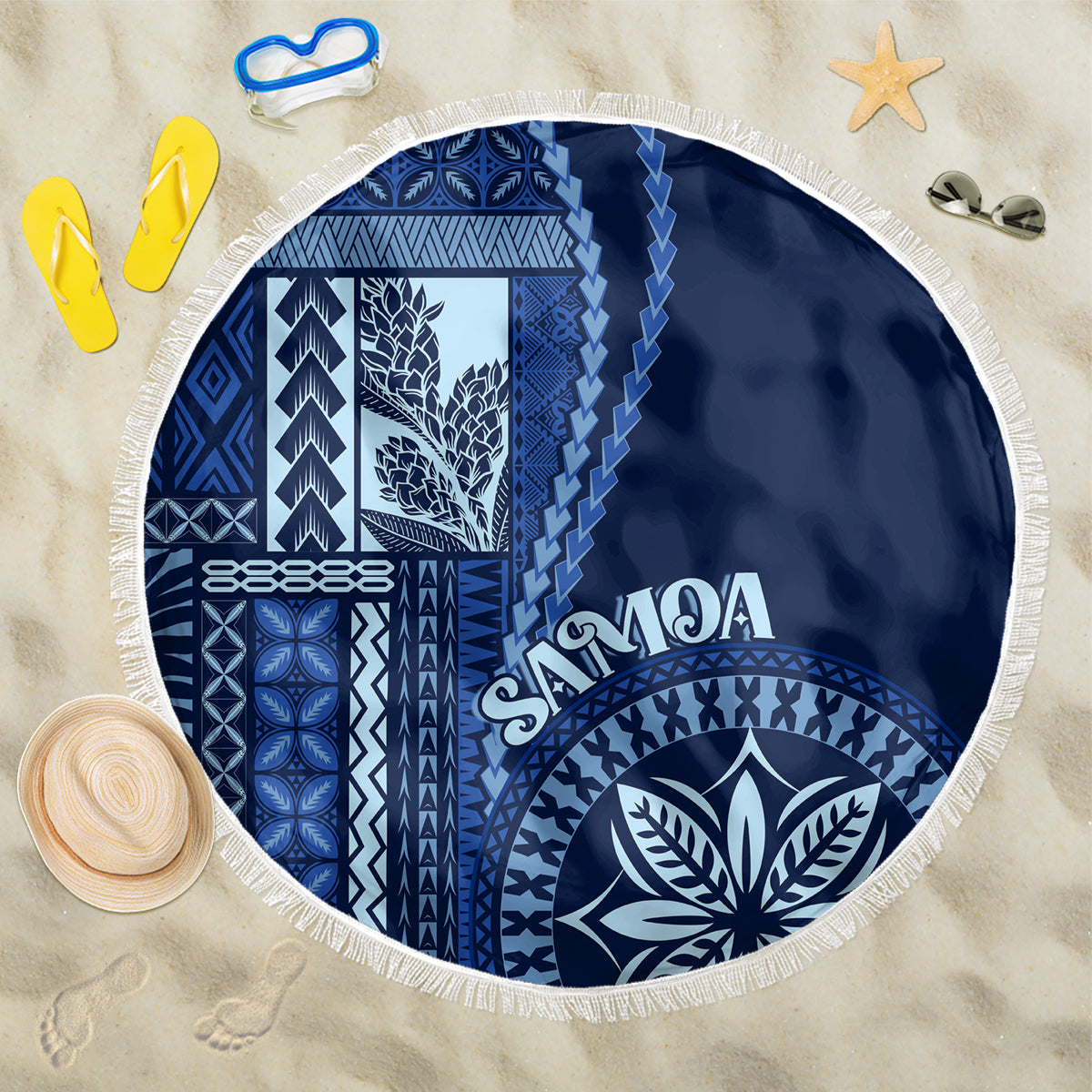 Samoa Siapo Motif Beach Blanket Classic Style - Bue Ver LT7 One Size 150cm Blue - Polynesian Pride