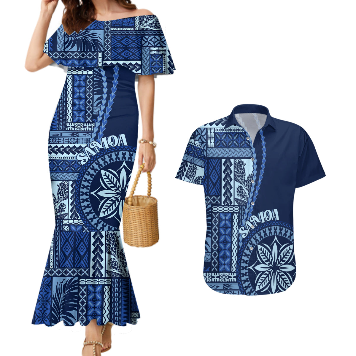 Samoa Siapo Motif Couples Matching Mermaid Dress and Hawaiian Shirt Classic Style - Bue Ver LT7 Blue - Polynesian Pride