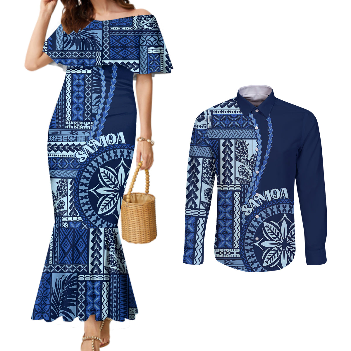 Samoa Siapo Motif Couples Matching Mermaid Dress and Long Sleeve Button Shirt Classic Style - Bue Ver LT7 Blue - Polynesian Pride