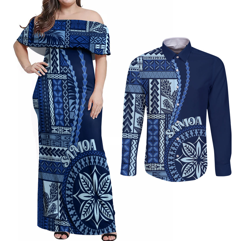 Samoa Siapo Motif Couples Matching Off Shoulder Maxi Dress and Long Sleeve Button Shirt Classic Style - Bue Ver LT7 Blue - Polynesian Pride