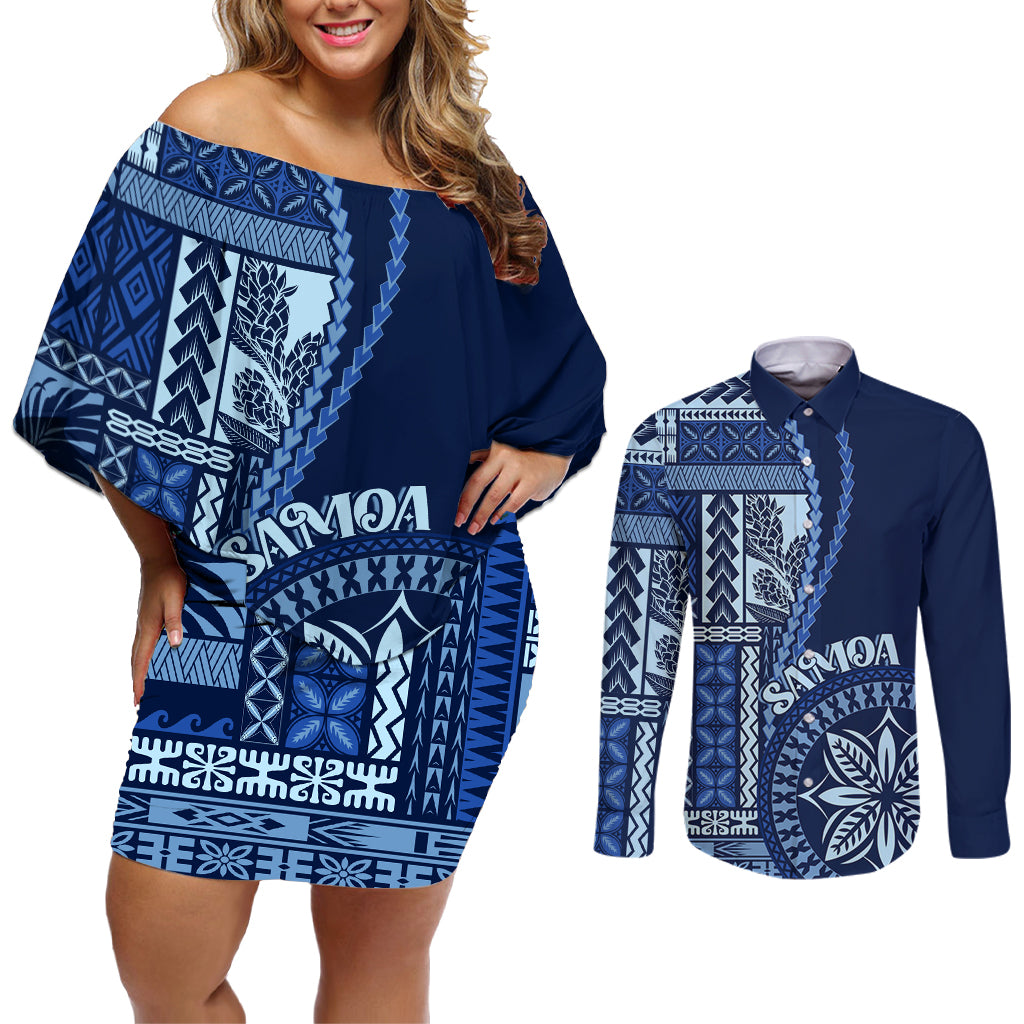 Samoa Siapo Motif Couples Matching Off Shoulder Short Dress and Long Sleeve Button Shirt Classic Style - Bue Ver LT7 Blue - Polynesian Pride