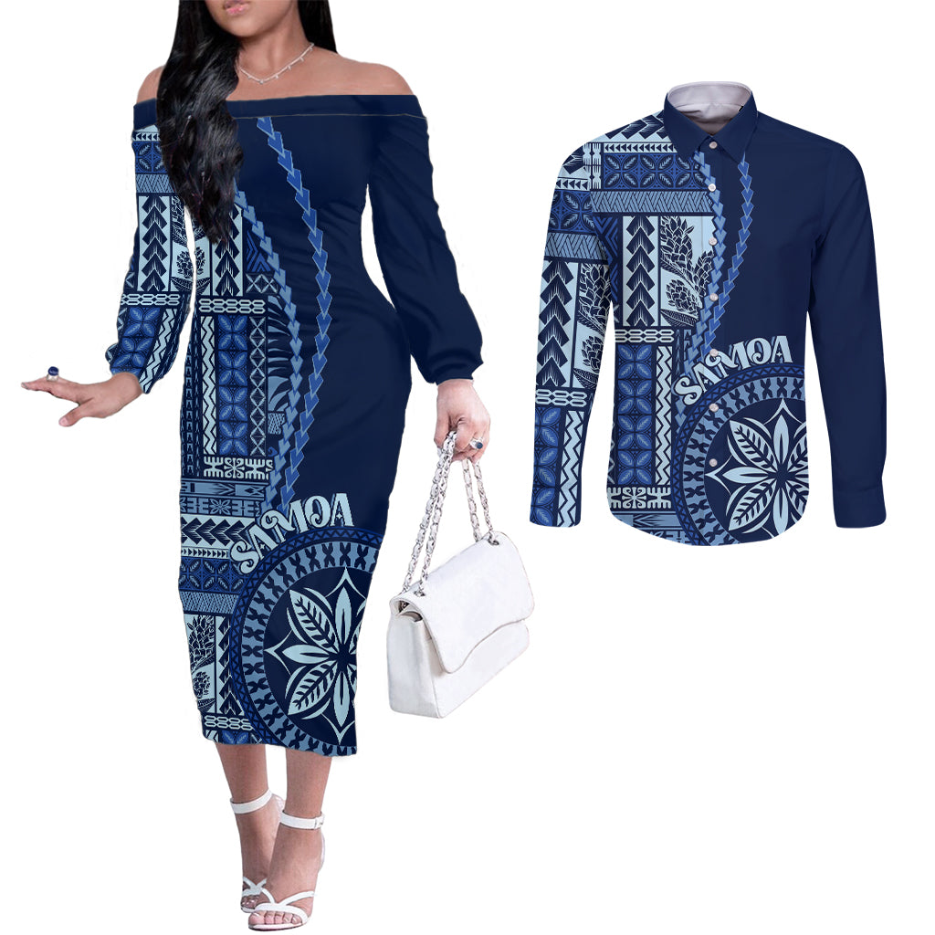 Samoa Siapo Motif Couples Matching Off The Shoulder Long Sleeve Dress and Long Sleeve Button Shirt Classic Style - Bue Ver LT7 Blue - Polynesian Pride