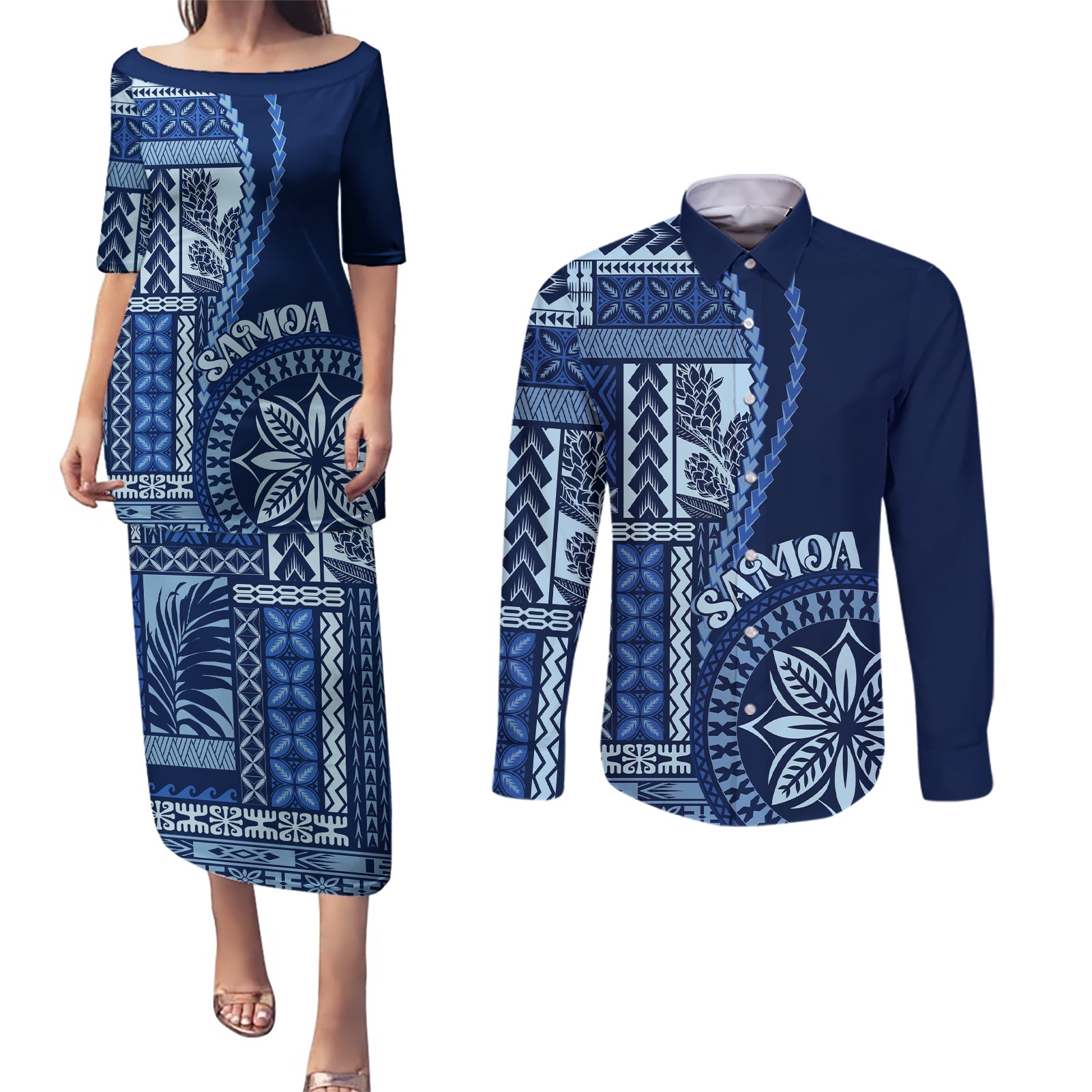 Samoa Siapo Motif Couples Matching Puletasi Dress and Long Sleeve Button Shirt Classic Style - Bue Ver LT7 Blue - Polynesian Pride