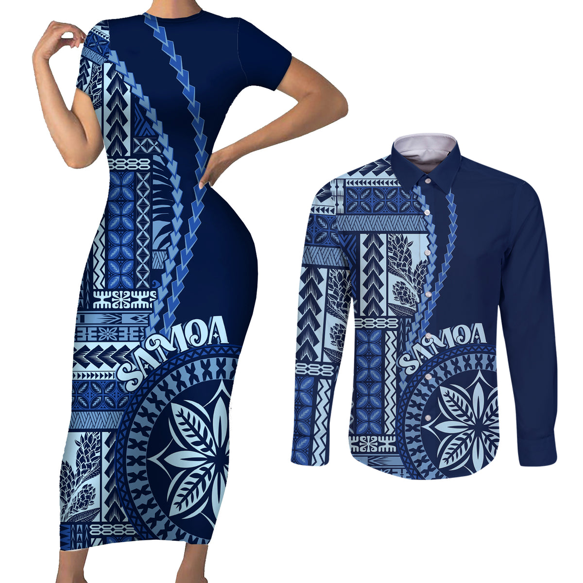 Samoa Siapo Motif Couples Matching Short Sleeve Bodycon Dress and Button Shirt - Classic Style Blue Ver LT7 Blue - Polynesian Pride