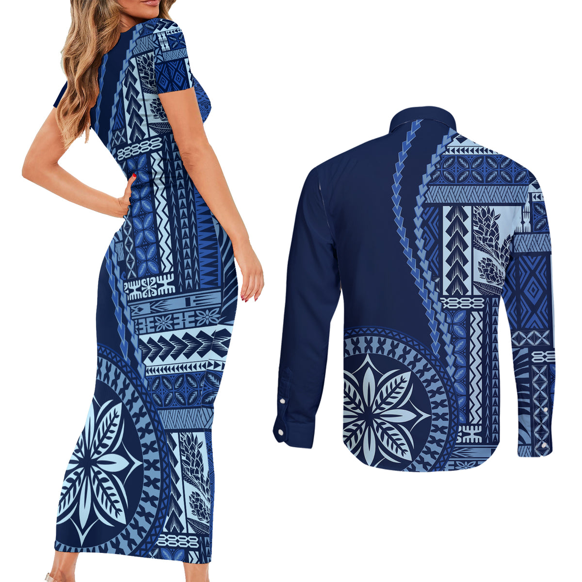 Samoa Siapo Motif Couples Matching Short Sleeve Bodycon Dress and Button Shirt - Classic Style Blue Ver LT7 - Polynesian Pride